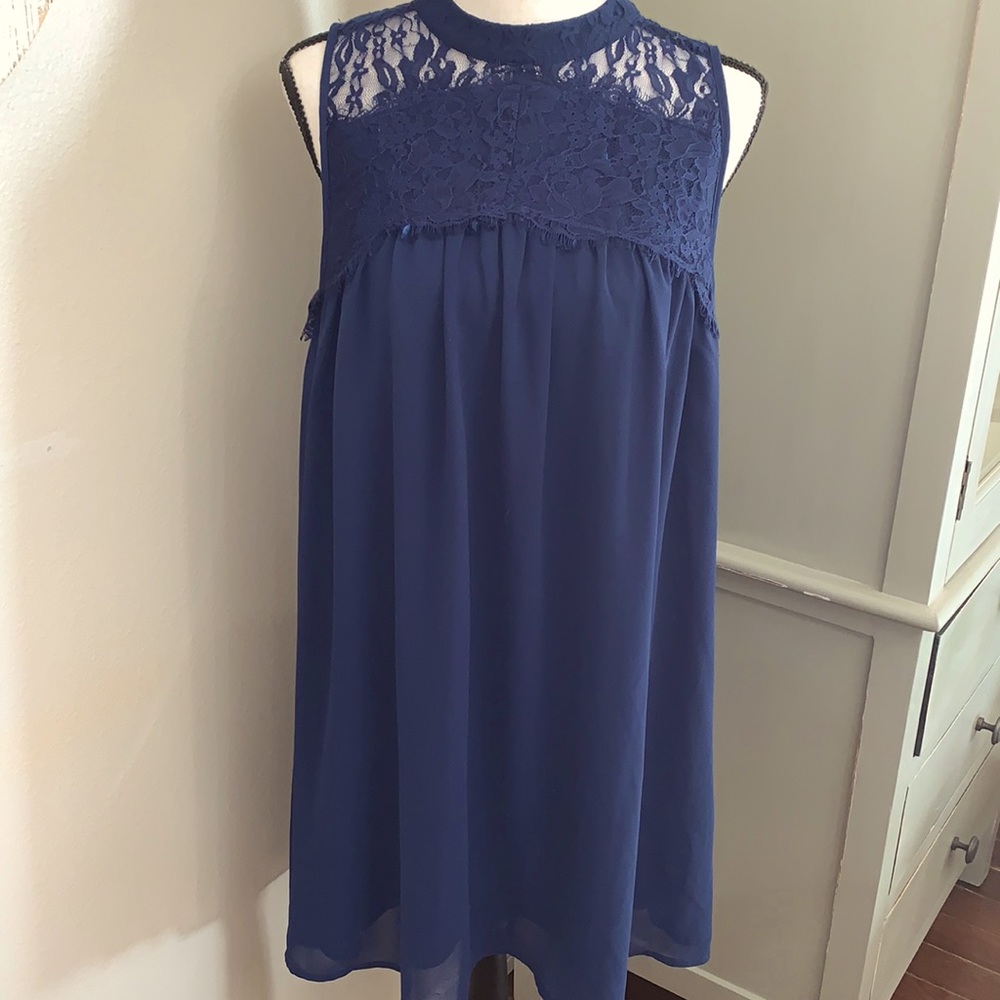 Andree navy shift dress with lace neck